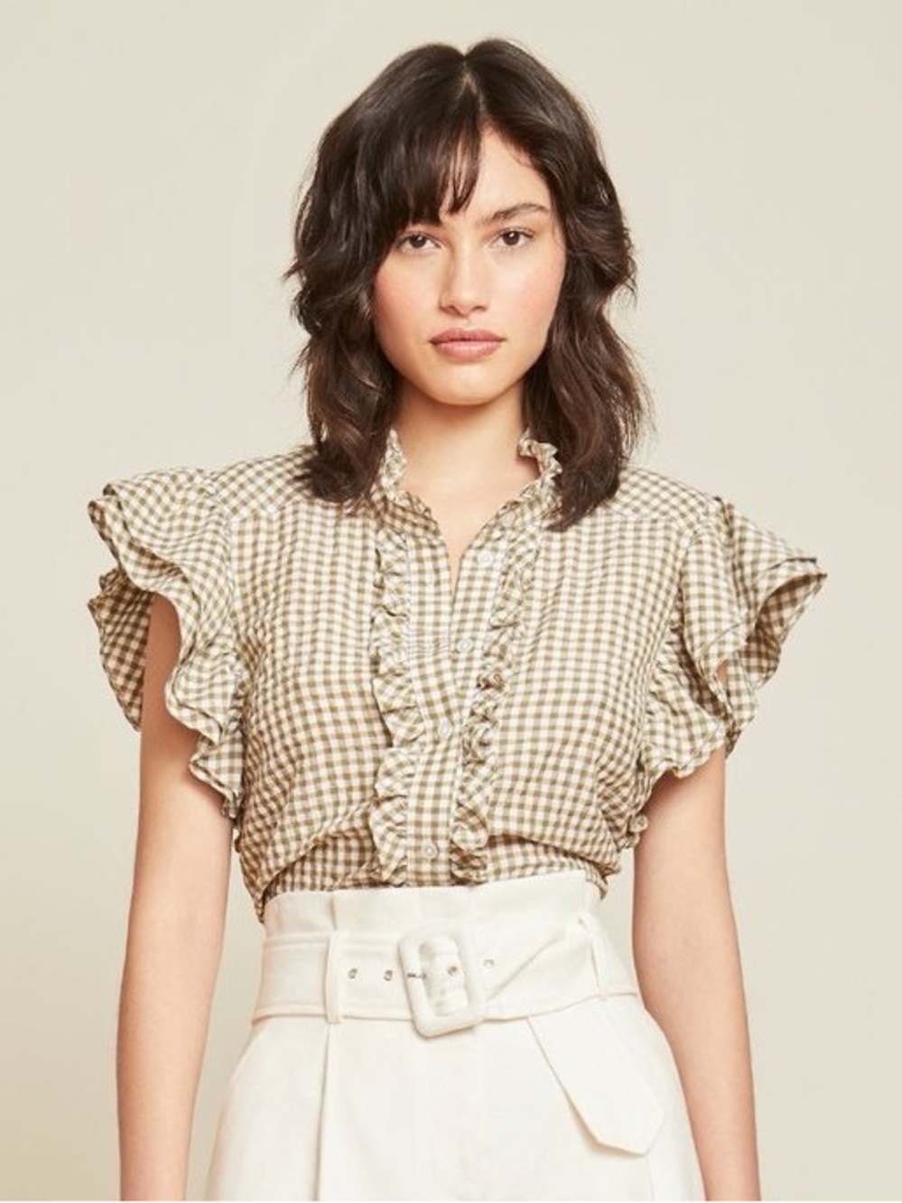 Veronica Beard Tenille Gingham Short Sleeve Ruffle Button Down Olive Shirt EUC L